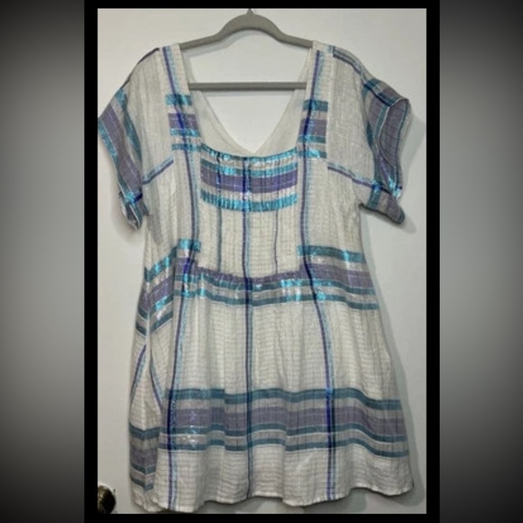 Free People Dresses & Skirts - Free People Mini Dress White Blue
Metallic Plaid Shapeless Square Neck Size SP